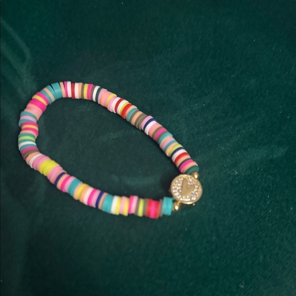 Colorful Beaded Bracelet with Gold Initial "V" Brand New Stretch Bracelet
